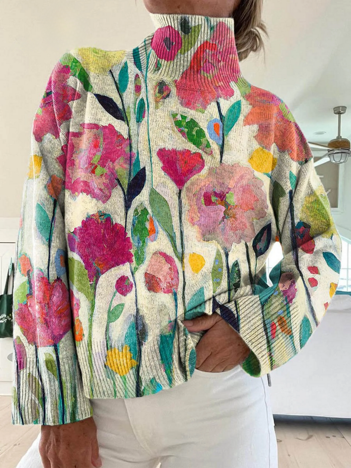Darlene™ | Vintage Floral Art Print Turtleneck Sweater
