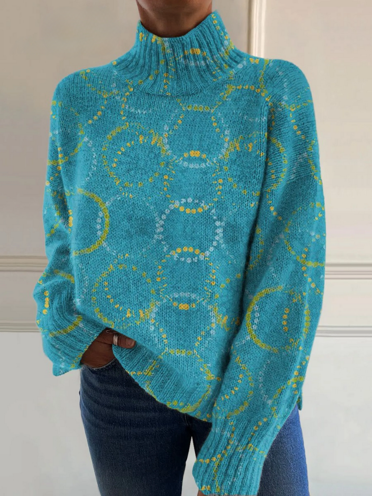 Rosanne™ | Bright Art Circle Print Turtleneck Sweater