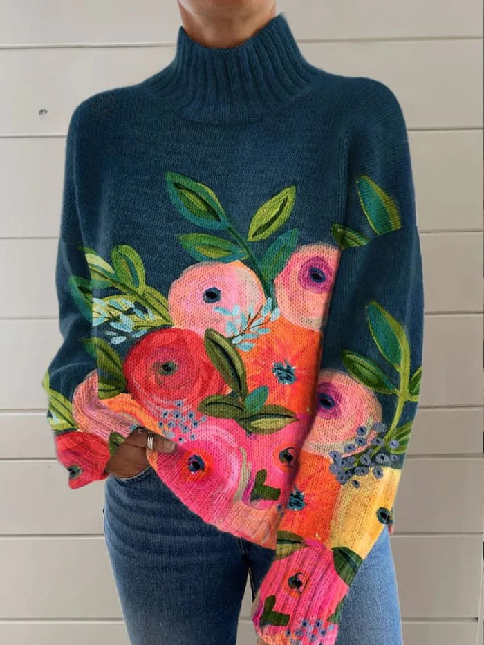 Opal | Retro Floral Pattern Turtleneck Sweater
