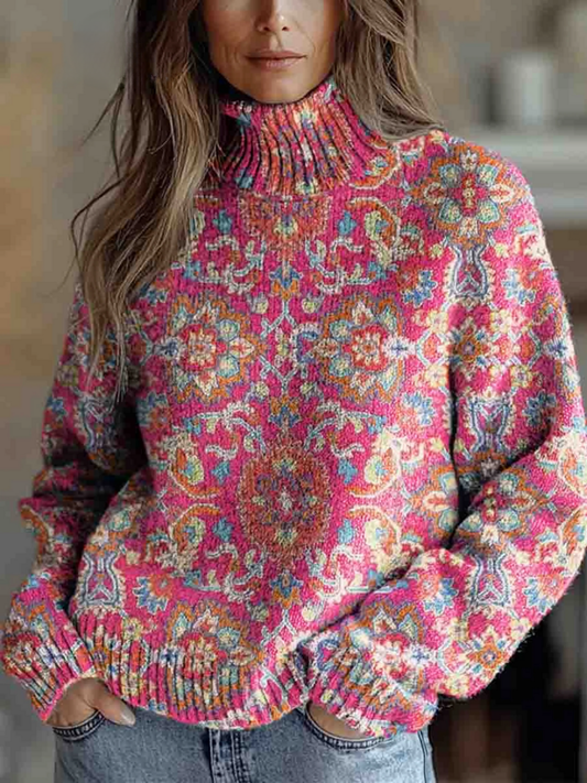 Mildred™ | Retro Floral Ethnic High-Collar Sweater