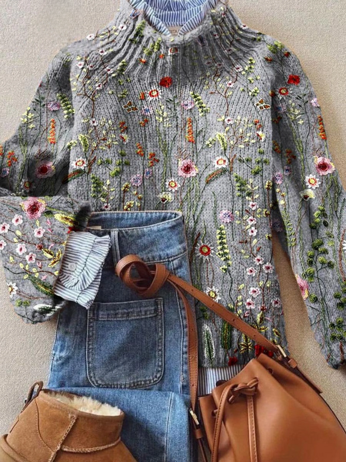 Maurine™ | Vintage Floral Print Turtleneck Sweater
