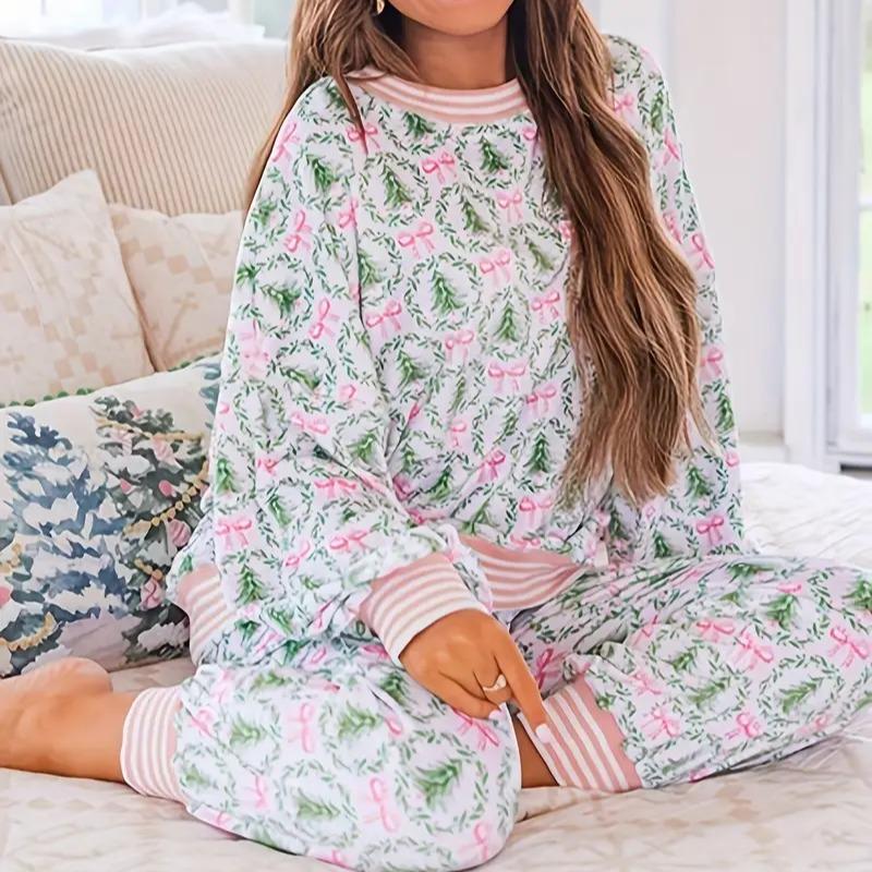 Auloria™ - Cozy Christmas Bow Print Loungewear Set